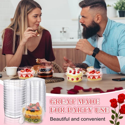 Potchen 24 Pack Heart Shaped Dessert Cups with Lids and Spoons 4 oz Mini Plastic Dessert Container Appetizer Parfait Cups Clear Shooter Container for Valentine Wedding Serving Party