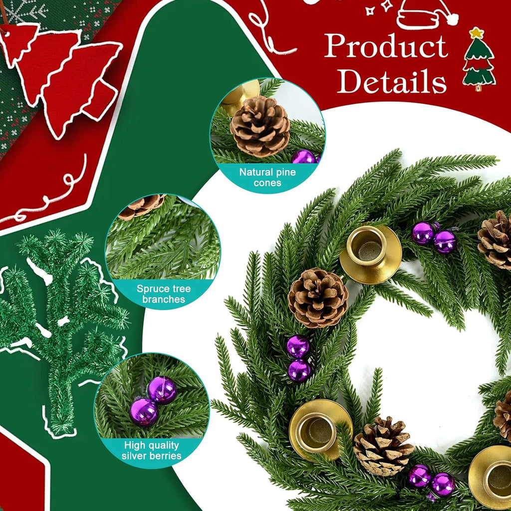 Norfolk Pine Advent Wreath - Purple Berries & Pinecones | Elegant Holiday Centerpiece Decor