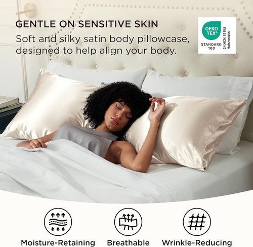 Bedsure Body Pillow Cover - 20x54 Inches Beige Satin Pillowcase for Hair & Skin Care | Cooling & Silky Design