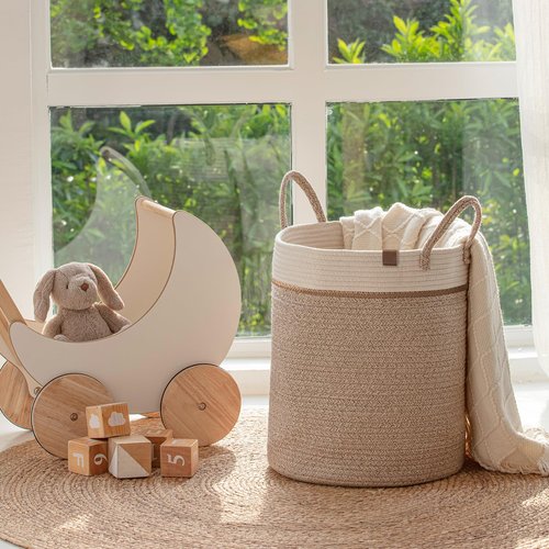 LA JOLIE MUSE Woven Basket Rope Storage Baskets - Tall Cotton Basket 16 x 14 x 14 Inches, Laundry Basket for Blanket, Kids Toy, Nursery Clothes Hamper Basket White & Desert