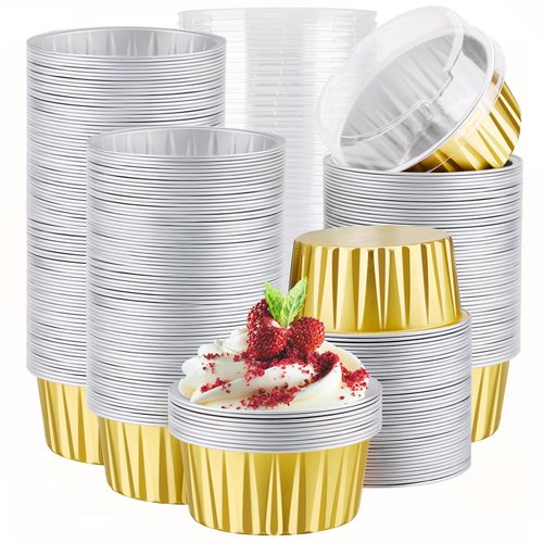 EUSOAR Gold Baking Cup, 400pcs 5oz Mini Foil Ramekins Cupcake Liners with Lids for Oven Baking, Disposable Aluminum Dessert Cheesecake Creme Brulee Cups Pan Containers