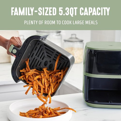 GreenLife Compact Electric Air Fryer Oven - 5.3 QT, PFAS-Free Ceramic Nonstick, Easy View Window, Sage