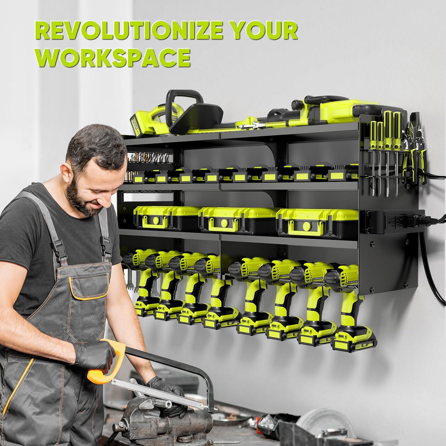 POKIPO Large Power Tool Organizer - Heavy Duty Wall Mount Storage Rack with Charging Station | Holds 600lbs