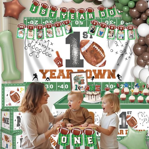 Jovialitix First Birthday Decorations – First Year Down Birthday Party Decorations Kit with 40" Balloon, Banner, Photo Garland, Backdrop & Football Decor