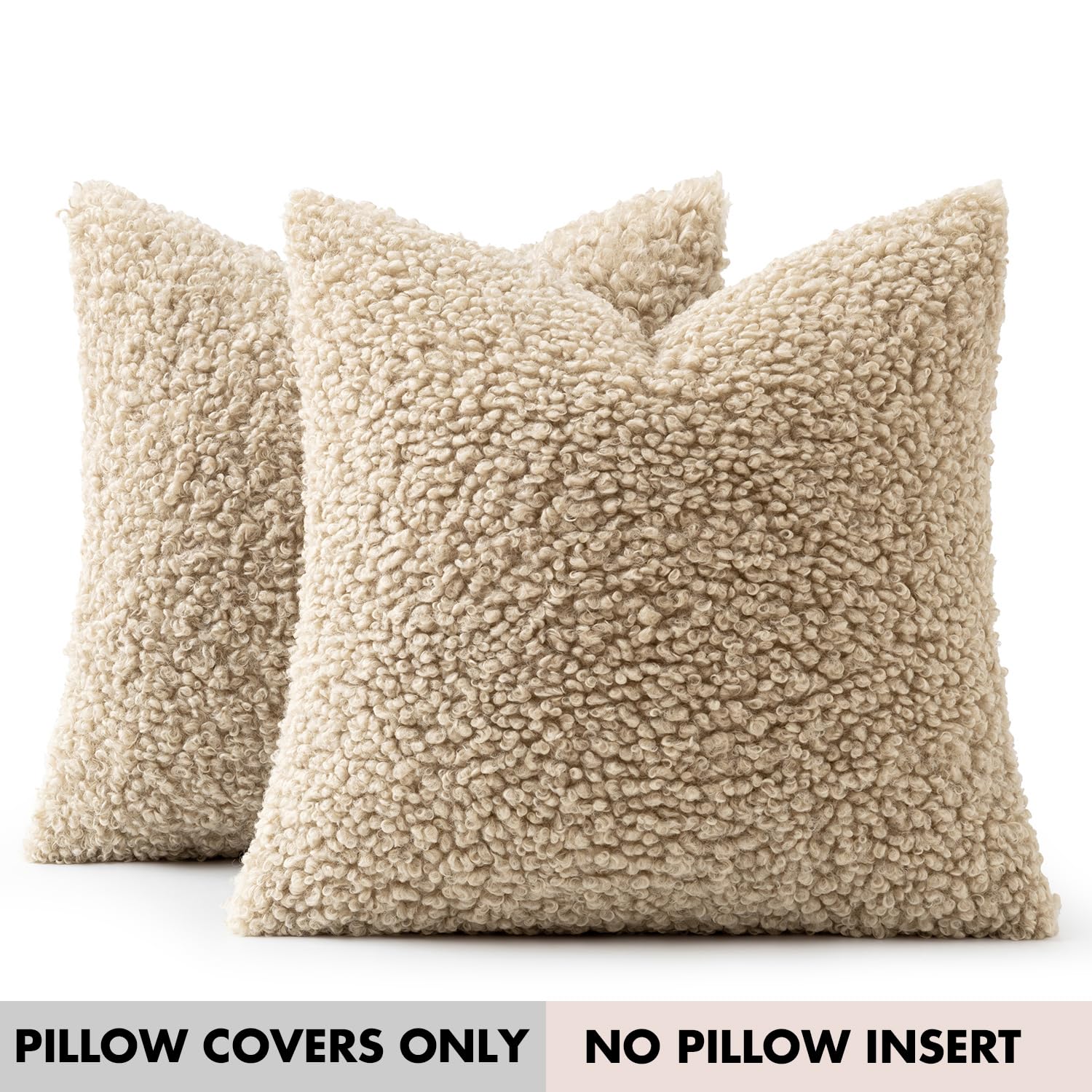 Woaboy Faux Fur Throw Pillow Covers 20x20 Inch Set of 2 Boucle Neutral Decorative Sherpa Fuzzy Accent Soft Sheepskin Fleece Cushions Modern Home Decor for Couch Sofa Bedroom Living Room,Oatmeal