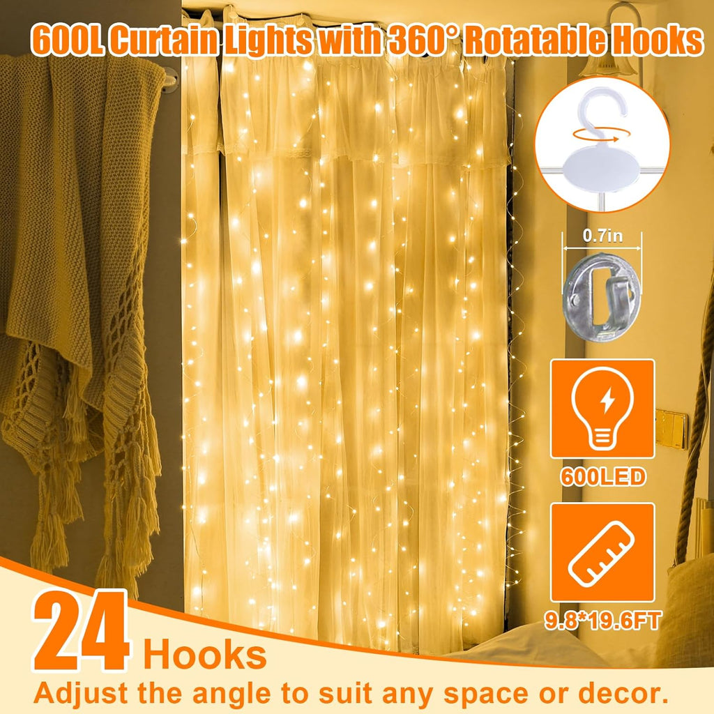 Skiennix 600 LED Curtain Lights - 19.6ft x 9.8ft Fairy String Lights with 24 Hooks | 8 Modes for Wedding, Party, Xmas Decor, Warm White