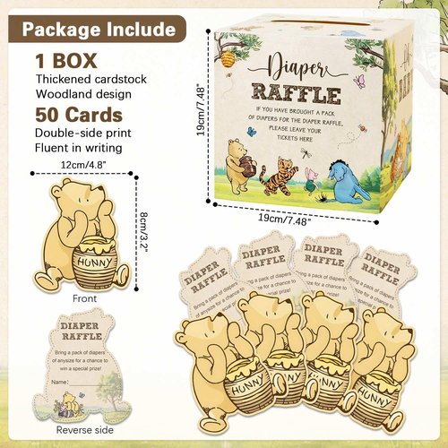 51Pcs Classic Winnie Bear Baby Shower Decorations Diaper Raffle Box with Tickets, Neutral Vintage Bear Baby Shower Games Winnie Gender Reveal Decorations (Neutral)