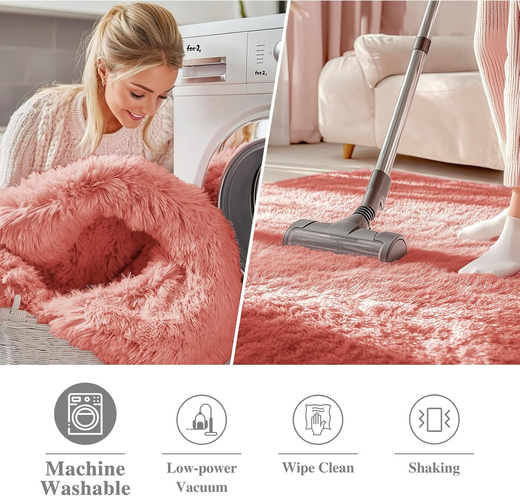 OLANLY Round Rugs - Rust Red, Soft & Fluffy Shaggy Carpet for Bedroom | 2 ft Machine Washable Area Rug