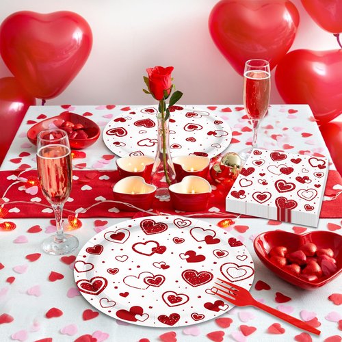 96 Pieces Valentine’s Day Tableware Set – Red Heart Disposable Plates, Napkins, and Forks for Romantic Dinners, Weddings, Anniversaries, and Love-Themed Parties – Serves 24