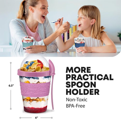 Tribello 4 Pack - On the Go Yogurt Parfait Cups with Lids, Topping Compartment & Spoon, Yogurt/Parfait Cups for Breakfast Meal Prep, Reusable Leak Proof Container - BPA Free - 20oz - Colorfull