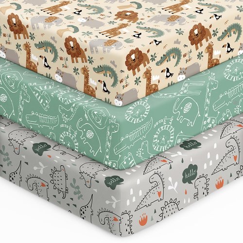 Unnivoll Baby Crib Sheets for Boys Girls, 28x52x8in Fitted Crib Sheet Neutral 3 Pack for Standard Crib and Toddler Mattress, Breathable Soft Microfiber Baby Sheet Green & Apricot Lion