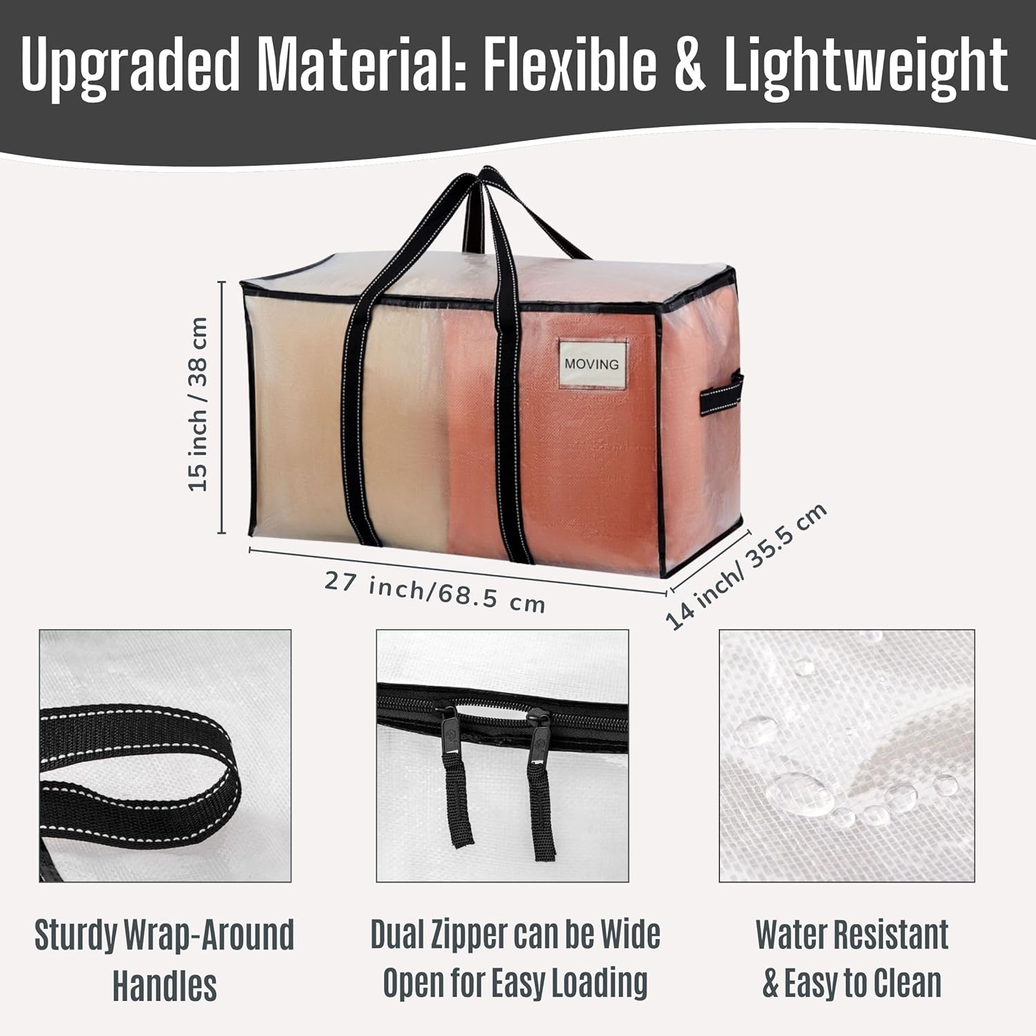 VENO Clear Moving Bags - 90L Extra Large Transparent Storage Totes with Heavy-Duty Reinforced Handles & Zippers