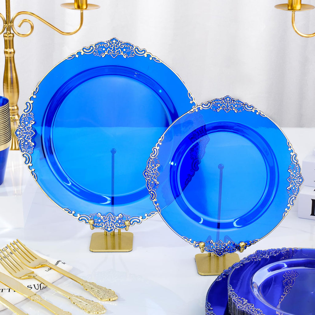 Bestluck 350 PCS Blue and Gold Plastic Plates, Disposable Dinnerware Set for 50 Guests, 100 Disposable Plates, 150 Silverwares, 50 Cups, 50 Napkins for Wedding, Party, Graduation