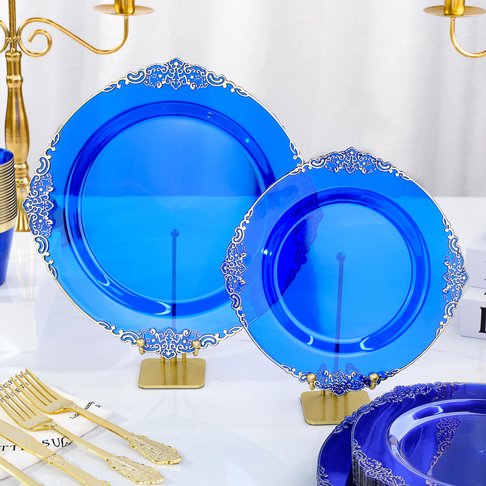 Bestluck 350 PCS Blue and Gold Plastic Plates, Disposable Dinnerware Set for 50 Guests, 100 Disposable Plates, 150 Silverwares, 50 Cups, 50 Napkins for Wedding, Party, Graduation