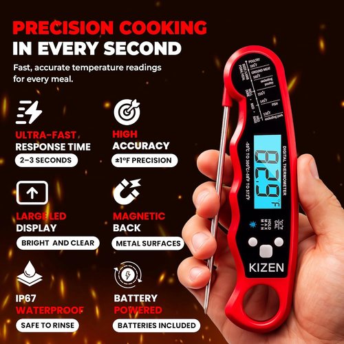 KIZEN Instant Read Meat Thermometer - Digital Cooking Thermometer with Large Backlit Display | IP67 Waterproof