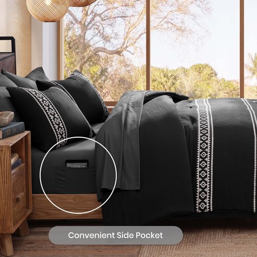 MaiRêve Embroidery Queen Size Comforter Set Black, Boho Farmhouse Western Bedding Set 7 Pieces, All Season Bed in A Bag Comforter Set with Sheets, Pillowcases & Shams