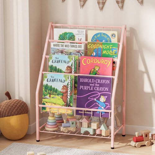 JAQ Toddler Bookshelf for Girls, 4-Tier Metal Kids Child Bookcase Rack with Toy Storage Organizer in Playrooms Nursery Clasroom Corner Library for Infants Baby Young Children (24.92 inch, Pink)
