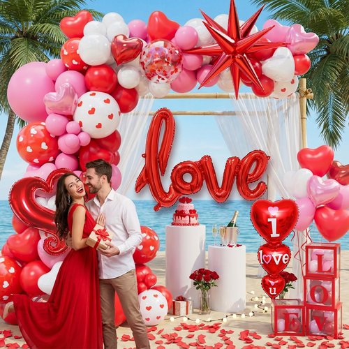 172pcs Valentines Balloon Arch Garland Kit with Pink White Red Confetti Heart shape Balloons I Love You Foil Balloons Explosion Star Balloons Rose Petals for Anniversary Wedding Romantic Decorations