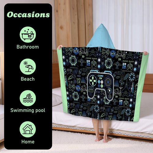 shuownshg Hooded Towels for Kids Game 60" x 35" Toddler Bath Beach Towel Poncho with Hood Super Soft and Absorbent 100% Microfiber for Boys Ages 5-12