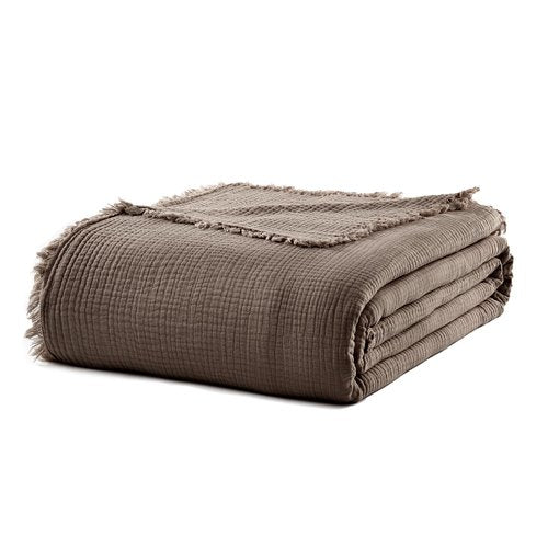 WDCOZY 100% Cotton Muslin Blanket Queen Size 4-Layer for Bed Breathable Lightweight Soft Large Boho Farmhouse Linen Tassels Ruffle Gauze Blankets 90x90 Inches Brown Mocha Chocolate Coffee Taupe