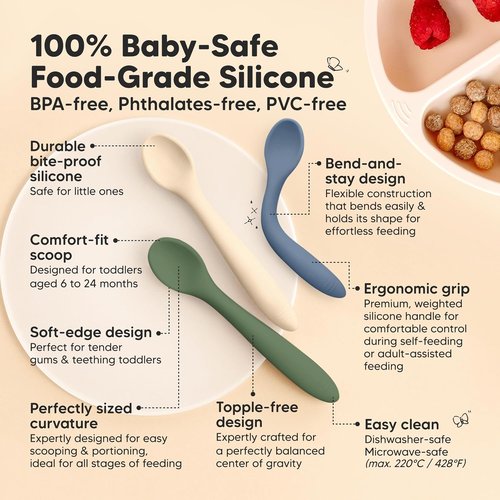 KeaBabies Silicone Baby Spoons - Self Feeding Utensils for 6-12 Months | 3-Pack Dishwasher-Safe Set (Slate)