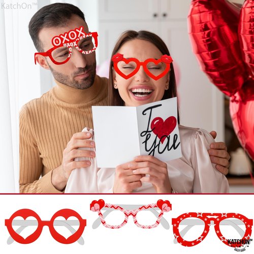KatchOn, Red Heart Glasses - Pack of 12 | Valentines Glasses for Valentines Day Decorations | Valentines Photo Props for Valentines Decor | 6 Designs Heart Shaped Glasses | Galentines Day Decorations