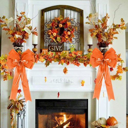 Hongsome Fall Bows for Wreaths Decor - 2 PCS Decorative Orange Burlap & Glitter String Bows for Autumn