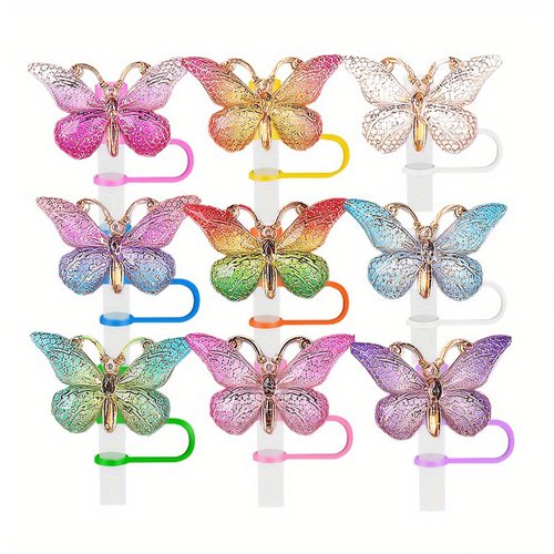 9Pcs Butterfly Straw Topper for Stanley Cup Straw Tip Covers 10 mm Silicone Reusable Straw Covers Cap Butterfly Straw Protector Cover for Stanley Cup Accessories for Keeping Dust