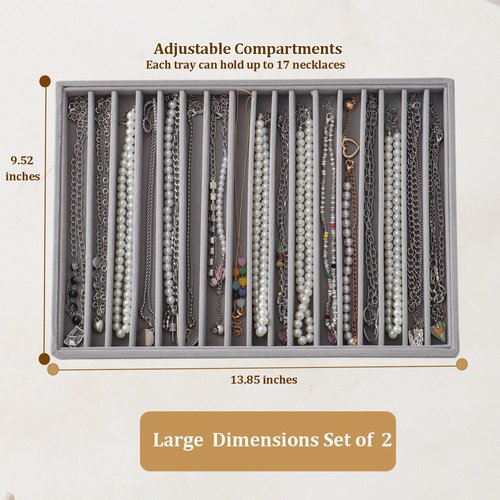 KATISYIO Large Velvet Jewelry Tray 2 Pack Stackable Jewelry Display Drawer Inserts Trays Organizer for Earring Bracelet Necklace Ring (Gray, 16 Grids)