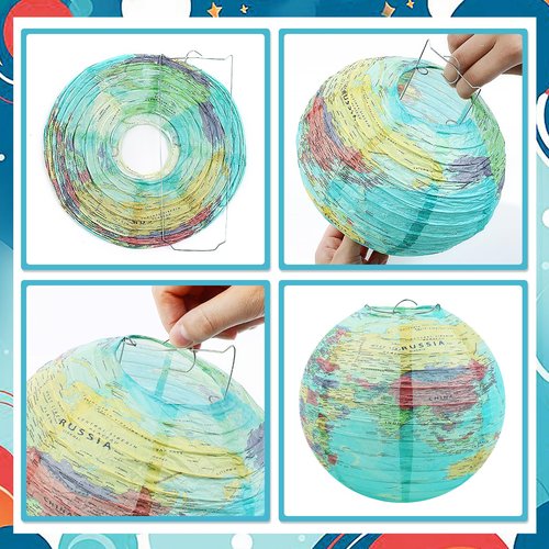 Songjum 14Pcs World Map Paper Lanterns Classroom Decorations 10 in and 8 in Classroom Hanging Ceiling Decor Earth Globe Lantern Fans for Back to School Around Travel Earth Theme Party Decor Supplies