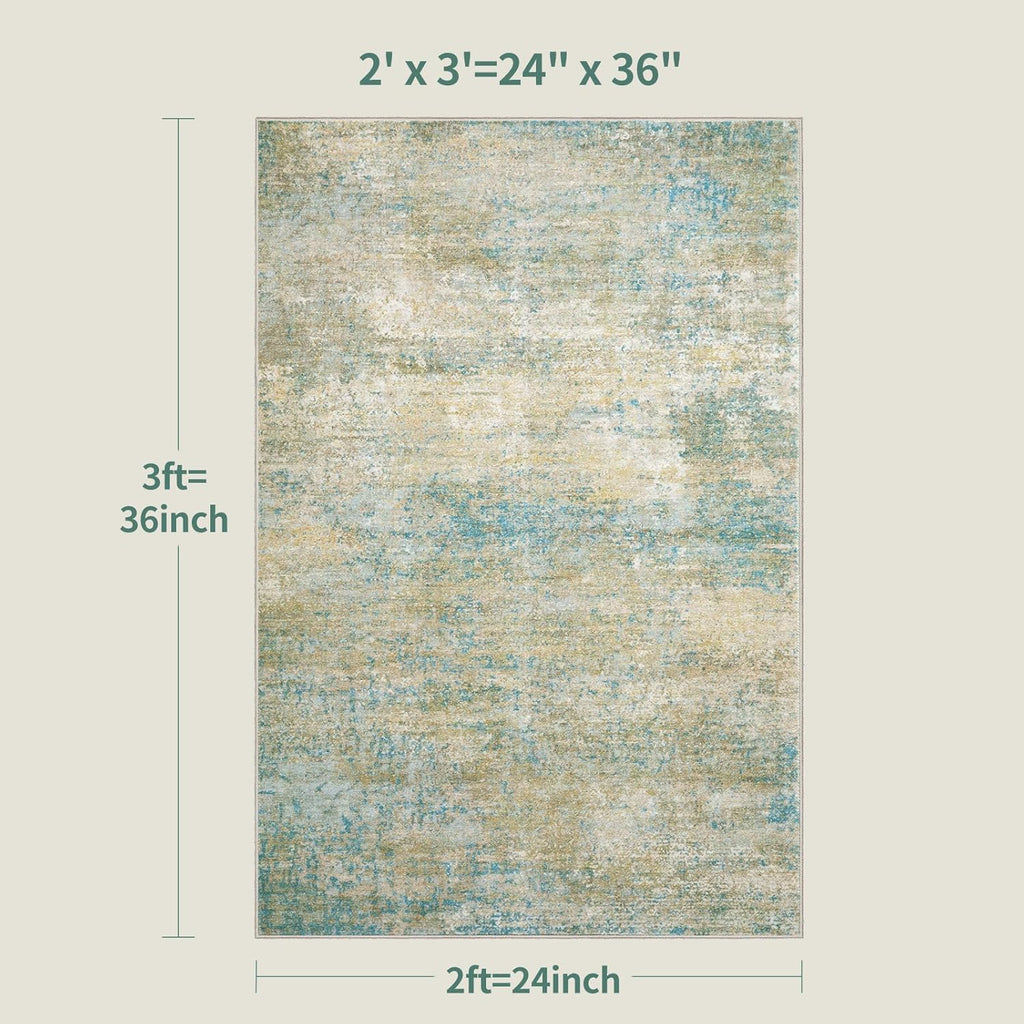 Tangsoo Washable 2x3 Area Rug - Modern Non-Slip Soft Rug for Entryway, Kitchen, Bathroom | Blue/Beige