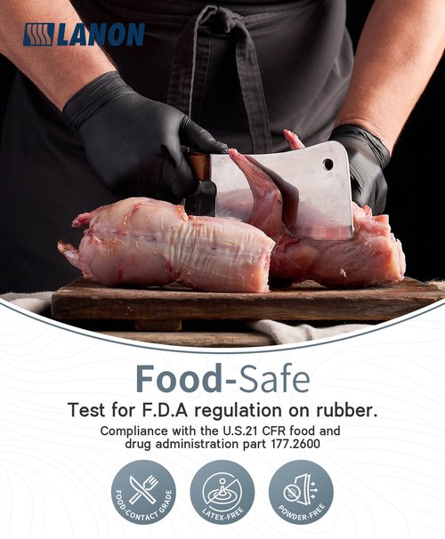 LANON Food Safe Disposable Nitrile Gloves, Latex-Free, Powder-Free, Silicone-Free, Textured Fingertips, Cooking, Black，Medium