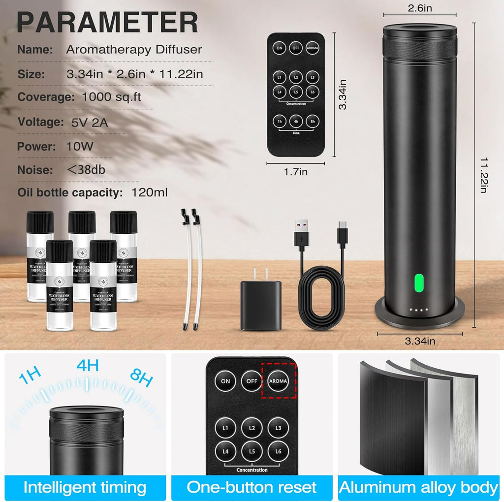 Skiennix Waterless Scent Diffuser Starter Kit | 800 Sq. In. Coverage with 5 Essential Oils & Remote Control