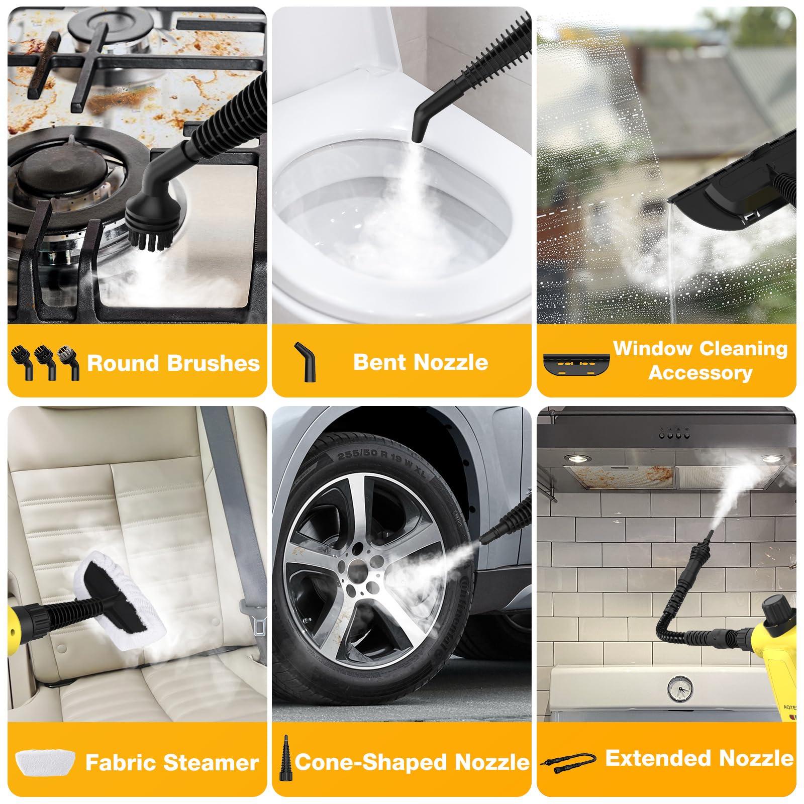 AOTER Pressurized Handheld Steam Cleaner, Portable Multi-Surface Cleaner for Home, Multipurpose Steam Cleaner for Tile, Grout, Windows, Bathroom, with 12pcs Accessories (Yellow)