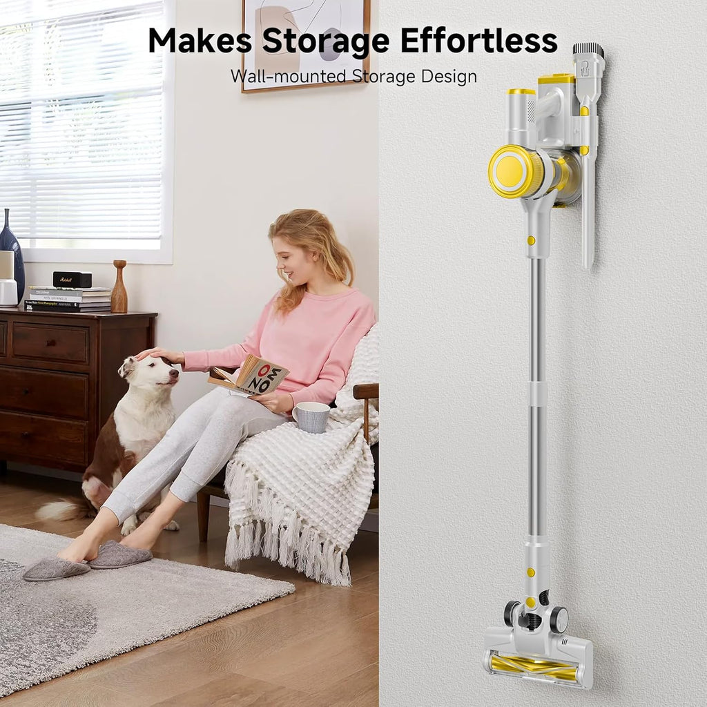 Skiennix Cordless Vacuum Cleaner - 35Kpa Powerful Suction | 45-Minute Runtime, LED Display, Anti-Tangle, Wall Mount - Yellow