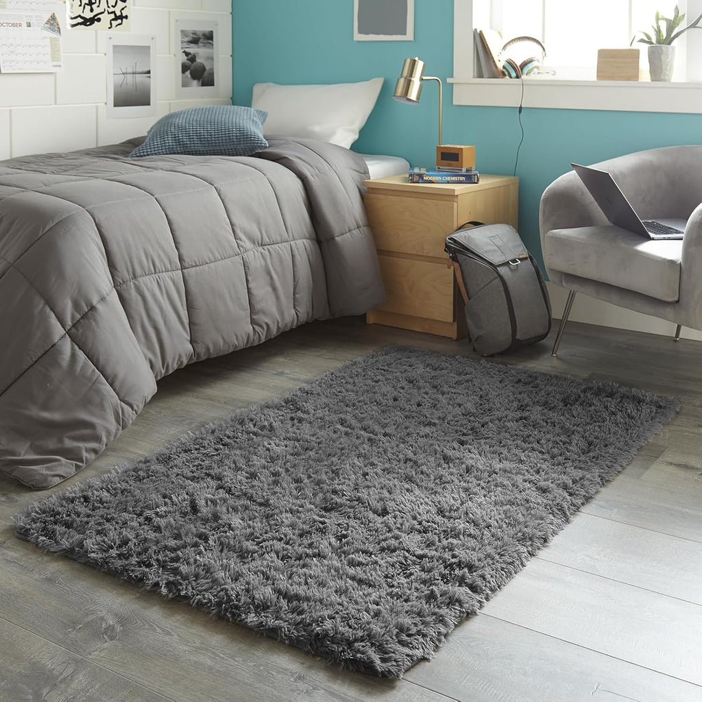 Ophanie 3x5 Non-Slip Area Rug - Fluffy Grey Carpet for Bedroom & Dorm Decor | College Essentials