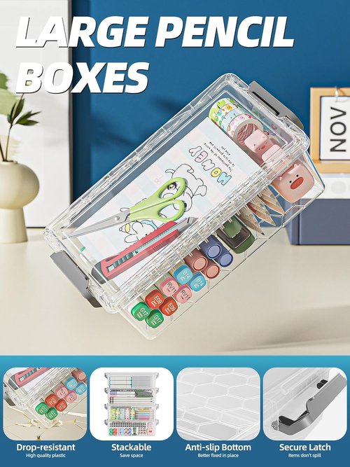 BiuLeon Extra Large Pencil Box - Clear Plastic Organizer for Crafts & Art Supplies | 4 Pack, Grey