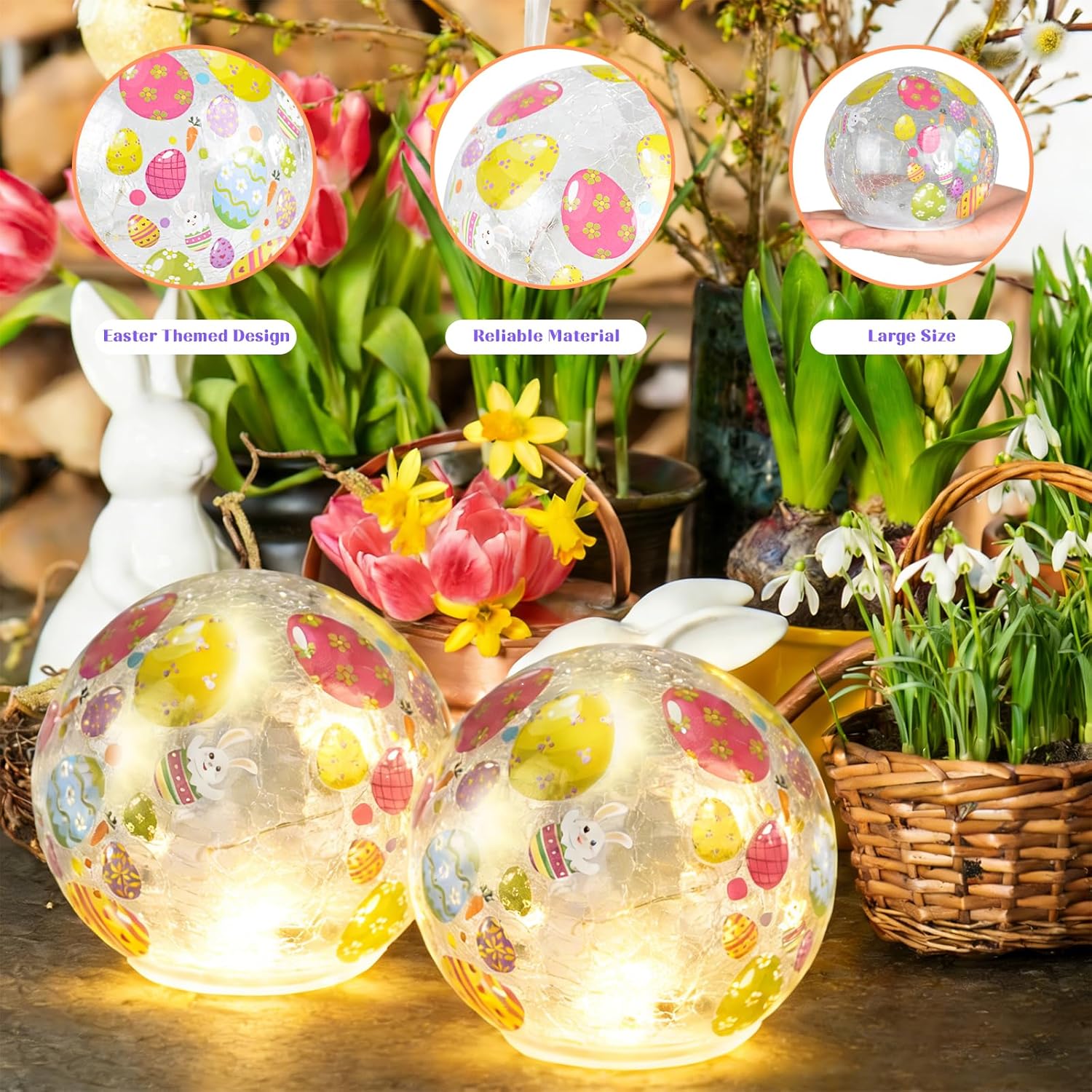 Skiennix Easter Glass Ball Lights - 2PCS 3.93'' LED Bunny Egg Decorations | Battery Operated Tabletop Lamps