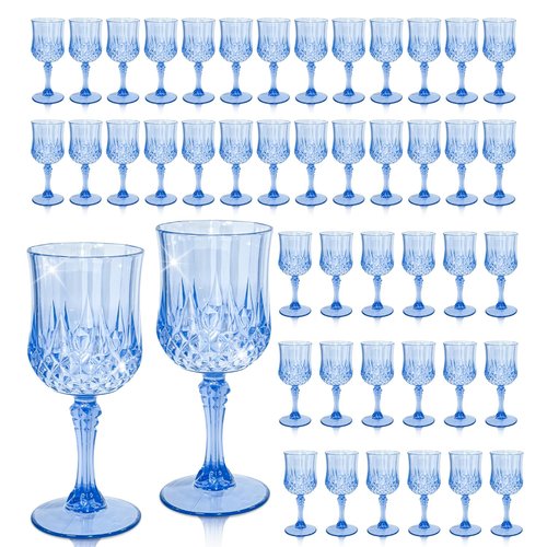 CHLJAR 48 PCS Blue Plastic Wine Glasses 7oz, Reusable Drinkware Vintage Plastic Goblets for Parties Baby Shower Wedding Reception Grand Event Party, Blue