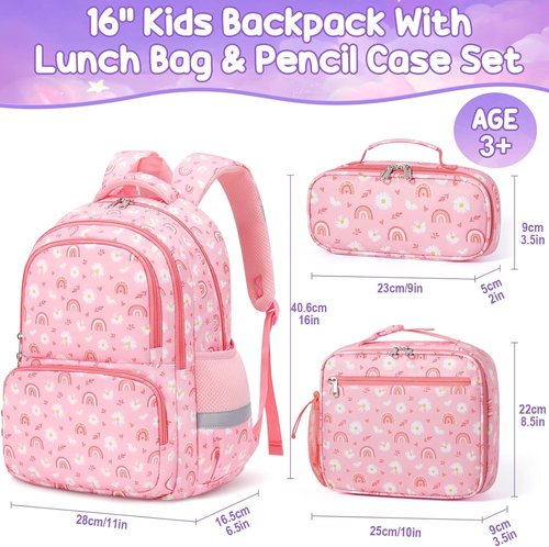 Fimibuke Kids Backpack - 3-in-1 Set with Lunch Box & Pencil Case for Girls, Daisy Design, Ages 3-12