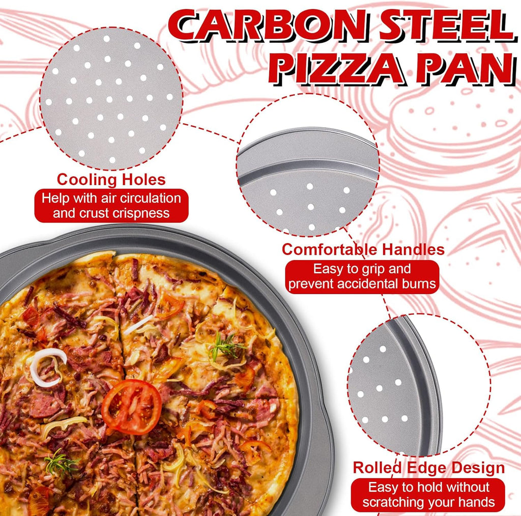 Skiennix Pizza Pan - 13" Round Non-Stick Carbon Steel Trays with Handle | Easy to Clean & Oven Safe (2 Pack)
