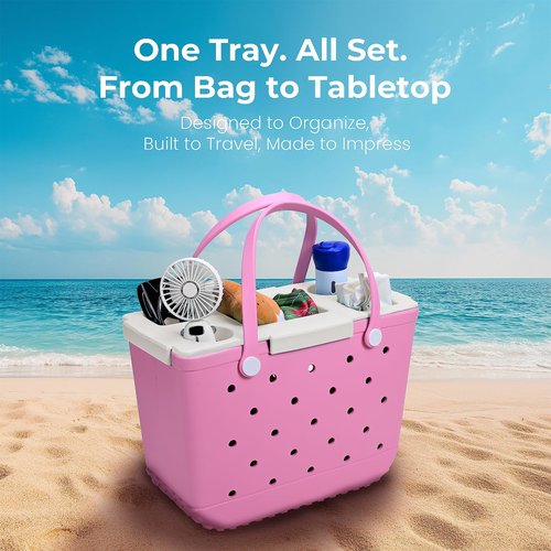 ZYTONGMAO Tote Topper Tray Accessories for Bogg Bag Large Only – Waterproof EVA Table Top Organizer Lid with Cup Holder, Snack, Phone & Drink Holders for Beach, Pool, Picnic, Travel (White)