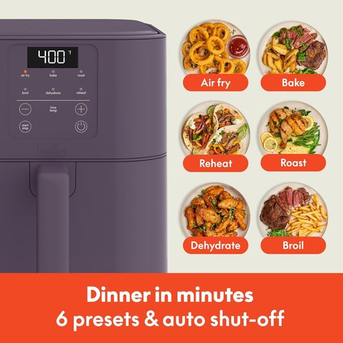 Bella 6 Qt Slim Air Fryer - EverGood™ Ceramic Nonstick Coating, Adjustable Temp, 60 Min Auto Shutoff | Plum