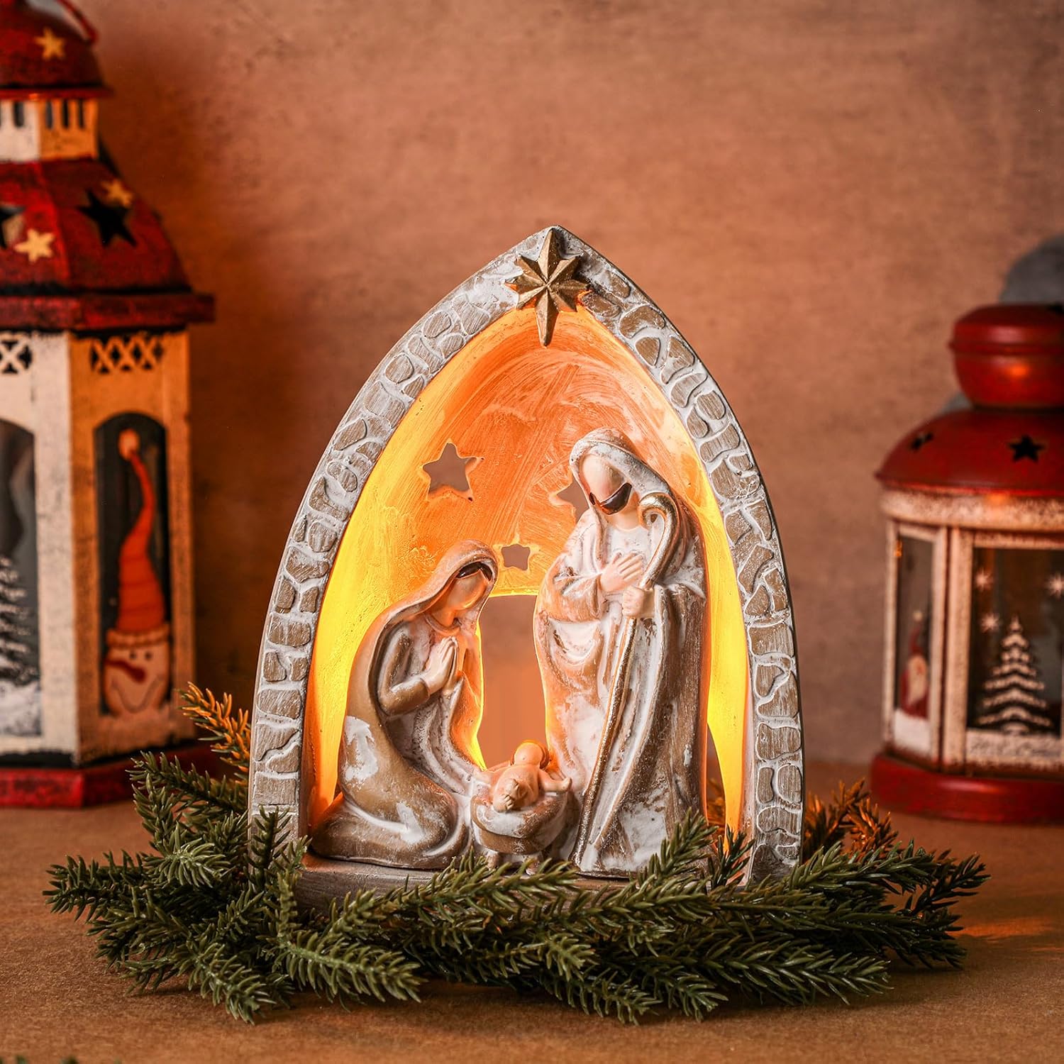 WILLBOND Nativity Set - Indoor Holy Family Manger Scene with LED Lights | Tealight Candle Holder Decor (6.7 x 5.5 x 3.9 Inch)