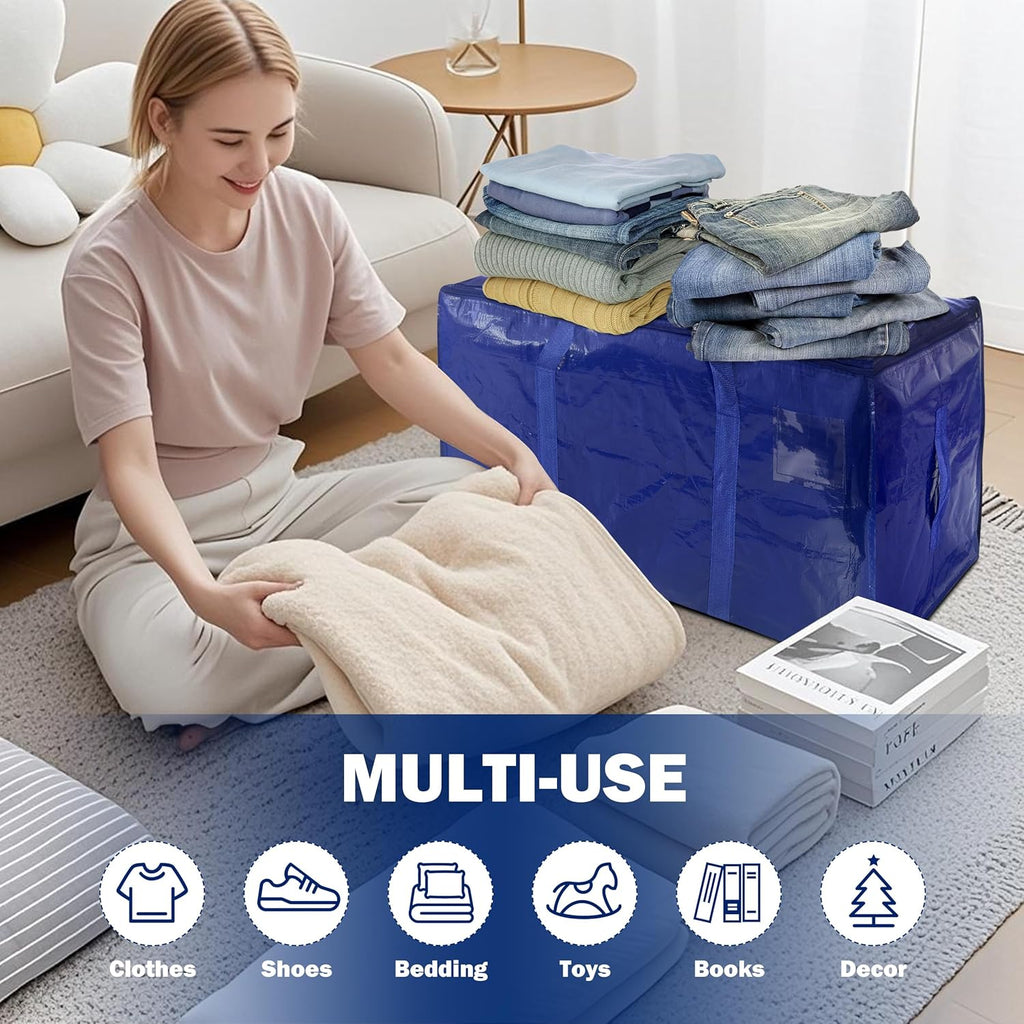 Skiennix Extra Heavy Duty Moving Bags - 8 Pack Large Storage Totes with Strong Zipper & Handles | Dark Blue - 24 Gal
