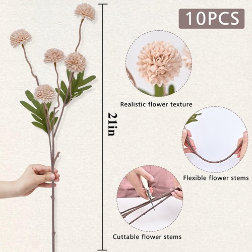 Waipfaru 10pcs Fake Silk Pompon Mum Artificial Flowers, Bulk Faux Mini Chrysanthemums, for Centerpieces Wedding Fillers Champagne Arrangements Boho Decor, No vase, Beige