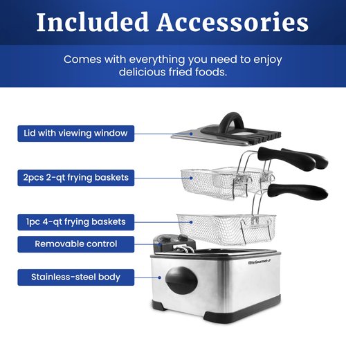 Elite Gourmet EDF-401T Electric 4.5 Qt. / 17 Cup Immersion Deep Fryer 3-Baskets, 1700-Watt, Timer Control Adjustable Temperature, Lid with Viewing Window and Odor Free Filter