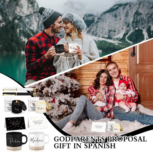 Baderke 2 Set 8 Pcs Godparents Proposal Gift Madrina Padrino Mug Will You Be My Godparents from Godchild Card Scented Candle Jar Ballpoint Pen Valentines Baptism Gift for Godmother Godfather(Spanish)