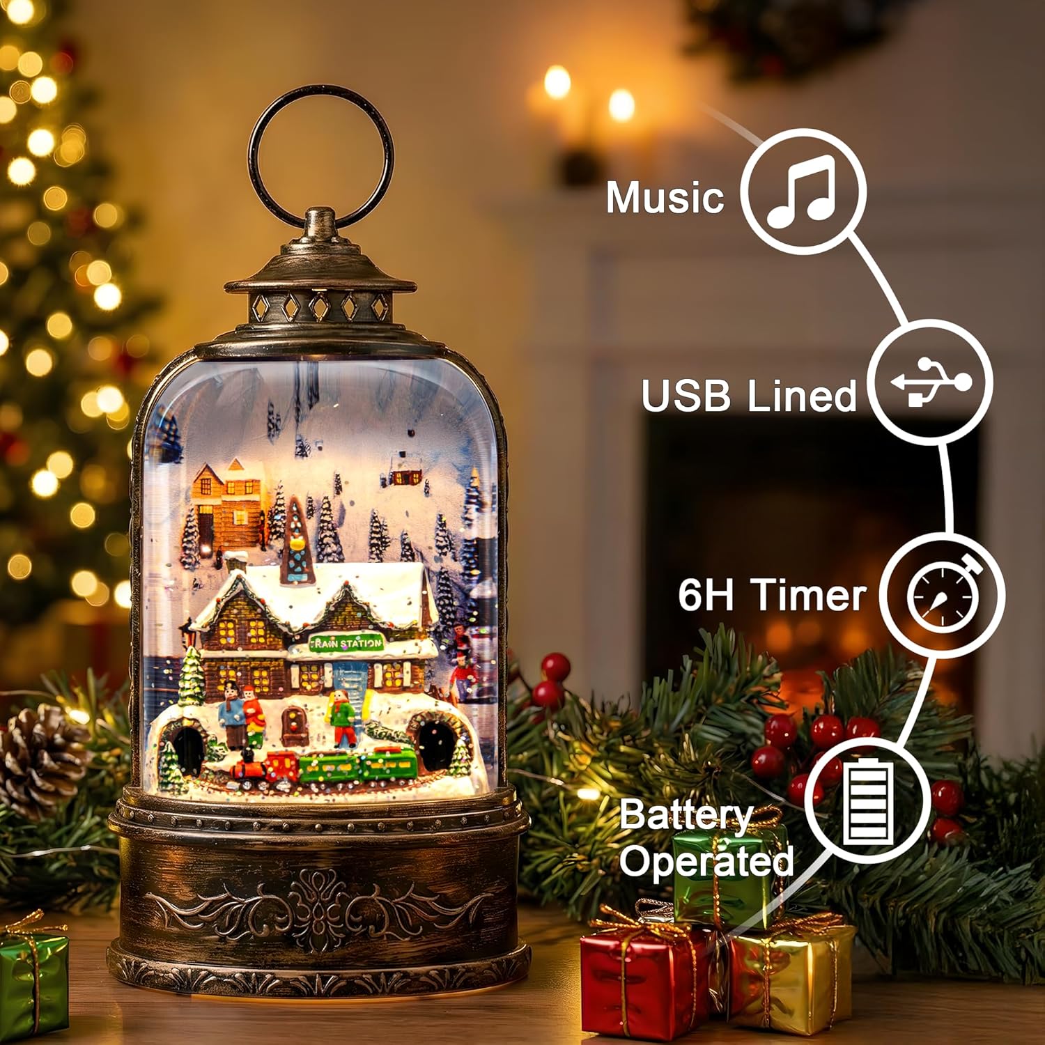 Skiennix Christmas Village Snow Globe - Musical Water Lantern with Train Station Scene | Battery or USB Powered Holiday Decoration for Tabletop Display