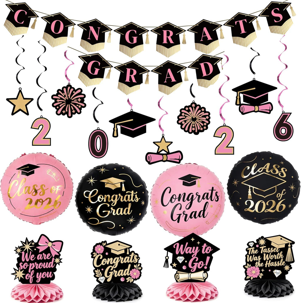 PartyWoo Graduation Decorations - Class of 2026 Black, Gold & Pink 19-Piece Set with Congrats Banner & Balloons